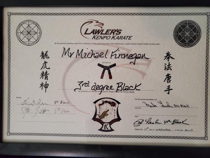 Black belt 3rd degree · October 11, 2013 · Promoted by Mark Lawler (witnessed by multiple judges)