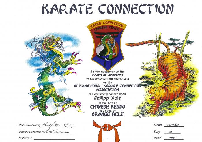 Orange belt · October 28, 1996 · Promoted by Vic LeRoux, 7. Dan; Chuck Sullivan, 8. Dan (IKCA) & Kevin Lamkin (OoAK)