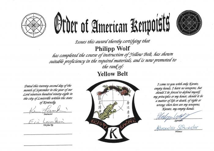 Yellow belt · October 28, 1996 · Promoted by Vic LeRoux, 7. Dan; Chuck Sullivan, 8. Dan (IKCA) as well as Kevin & Eric Lamkin (OoAK)