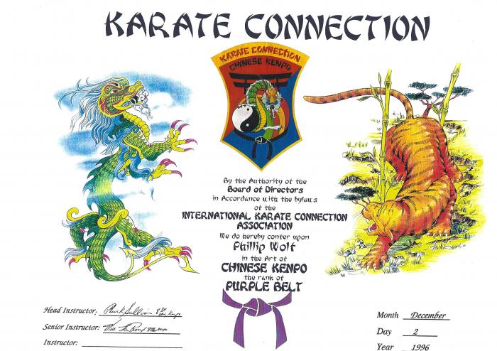 Purple belt · December 2, 1996 · Promoted by Vic LeRoux, 7. Dan; Chuck Sullivan, 8. Dan