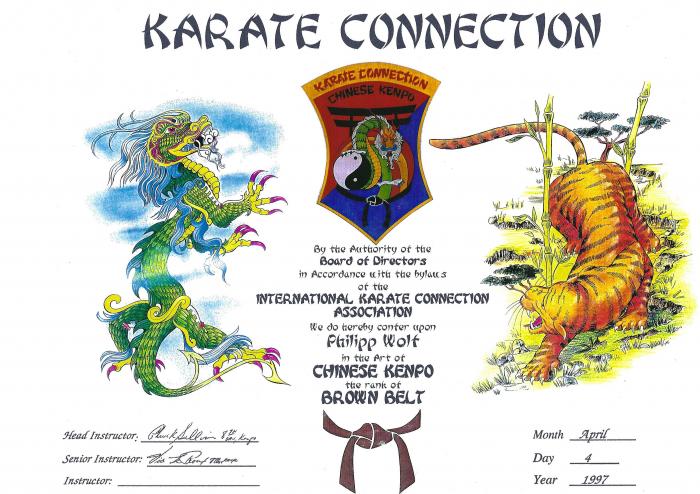 Brown belt 2nd degree · April 4, 1997 · Promoted by Vic LeRoux, 7. Dan; Chuck Sullivan, 8. Dan