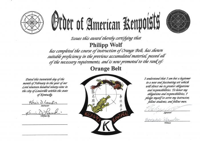 Orange belt · October 28, 1996 · Promoted by Vic LeRoux, 7. Dan; Chuck Sullivan, 8. Dan (IKCA) & Kevin Lamkin (OoAK)