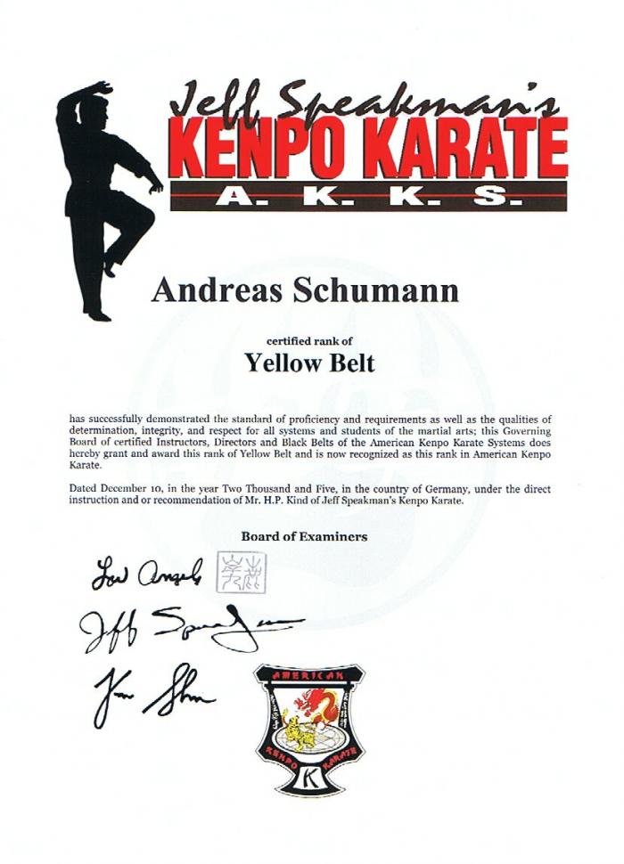 Yellow belt · December 10, 2005 · Promoted by H.P. Kind
