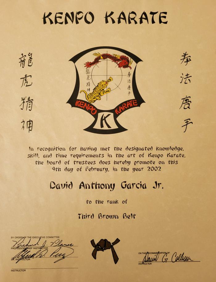 Brown belt 3rd degree · February 9, 2002 · Promoted by David Calhoun