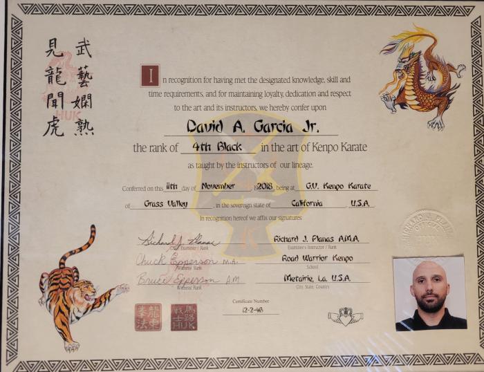 Black belt 4th degree · November 11, 2018 · Promoted by Richard "Huk" Planas