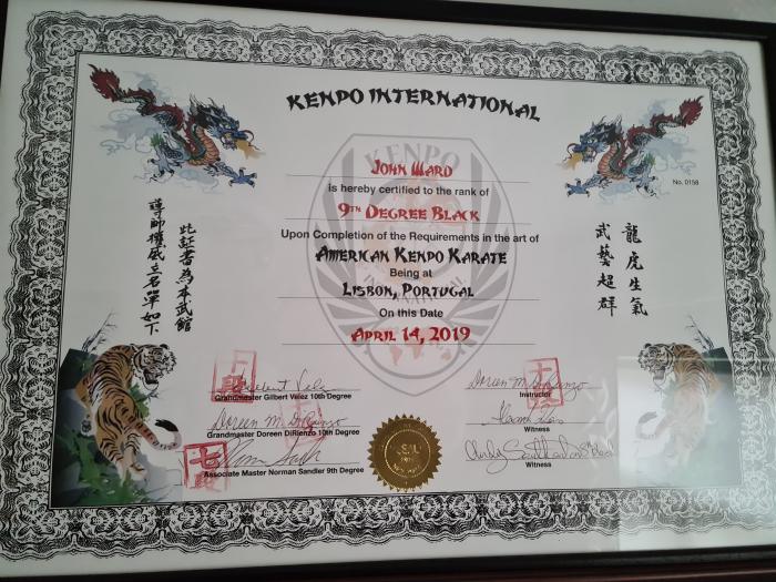 Black belt 9th degree · April 14, 2019 · Promoted by Gilbert Velez/ Doreen DiRienzo