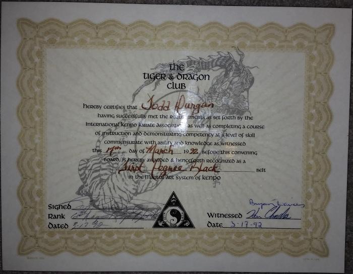 Black belt 1st degree · March 17, 1992 · Promoted by AC Rainey