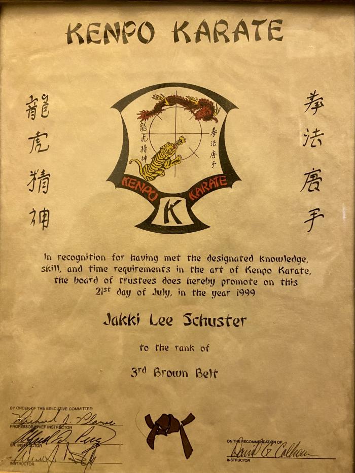 Brown belt 3rd degree · July 21, 1999 · Promoted by David G Calhoun