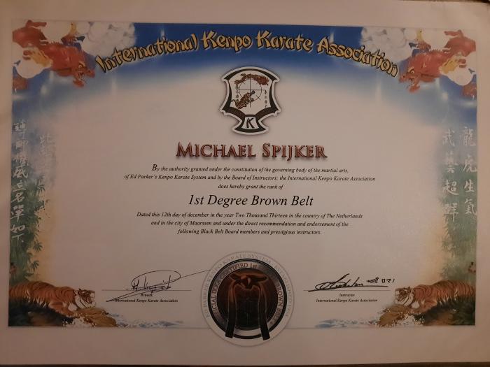 Brown belt 1st degree · December 12, 2013 · Promoted by Romano Michielsen