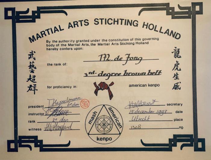 Brown belt 3rd degree · December 15, 1993 · Promoted by Hans Hesselmann