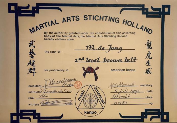 Brown belt 2nd degree · July 5, 1995 · Promoted by Hans Hesselmann