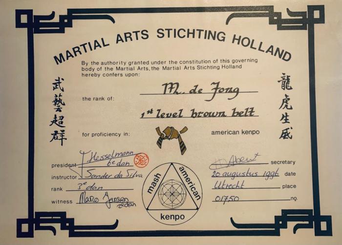 Brown belt 1st degree · August 20, 1996 · Promoted by Hans Hesselman