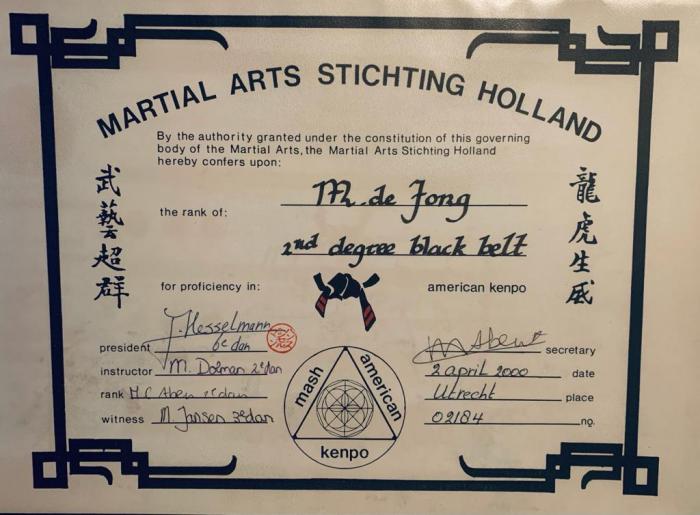 Black belt 2nd degree · April 2, 2000 · Promoted by Hans Hesselmann