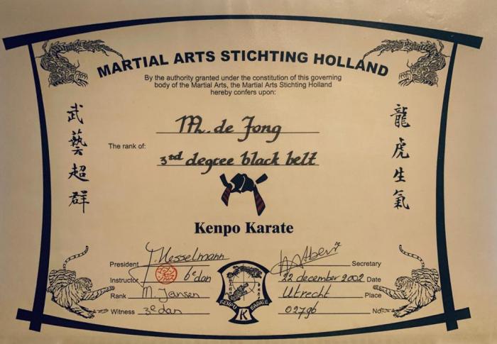 Black belt 3rd degree · December 22, 2002 · Promoted by Hans Hesselmann