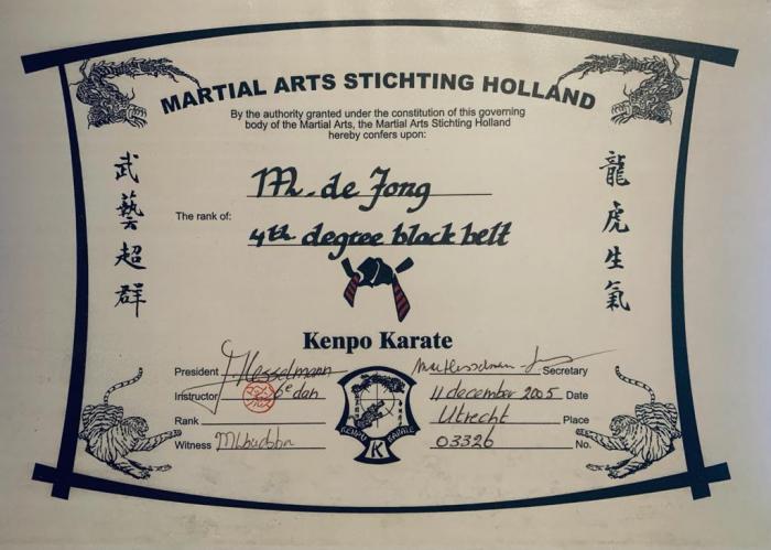 Black belt 4th degree · December 11, 2005 · Promoted by Hans Hesselmann