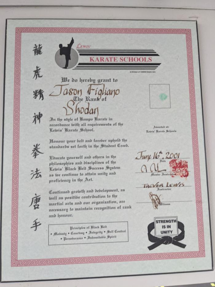 Black belt 1st degree · June 1, 2001 · Promoted by Shihan Trevor Lewis