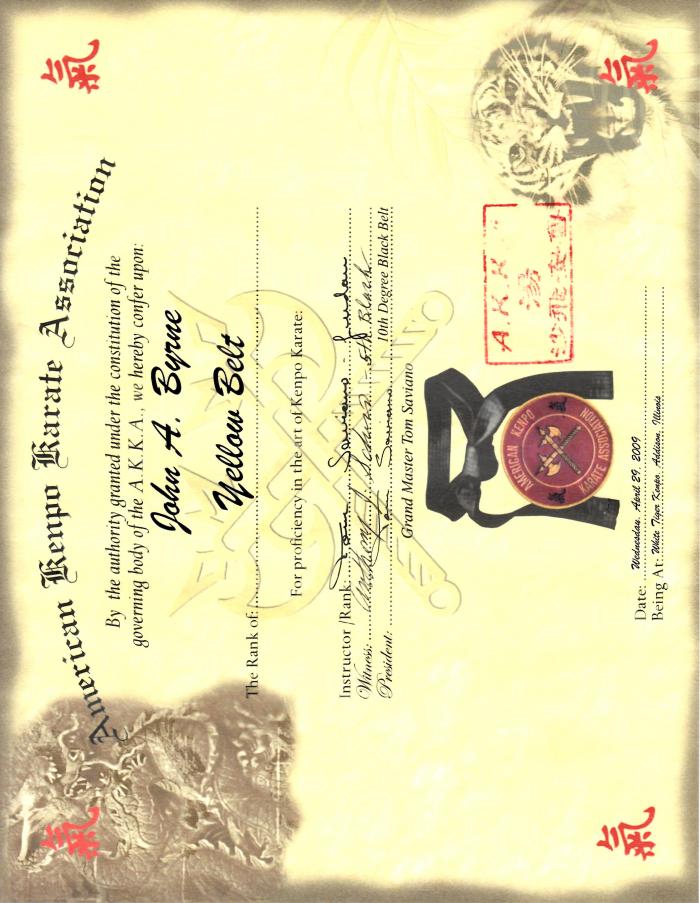 Yellow belt · April 29, 2009 · Promoted by Tom Saviano