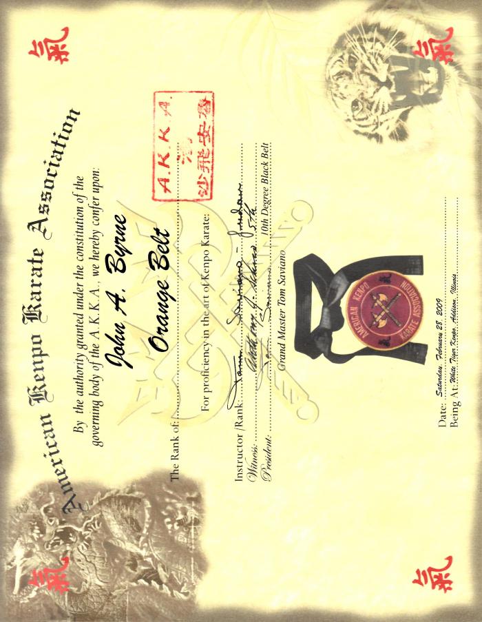 Orange belt · February 28, 2009 · Promoted by Tom Saviano