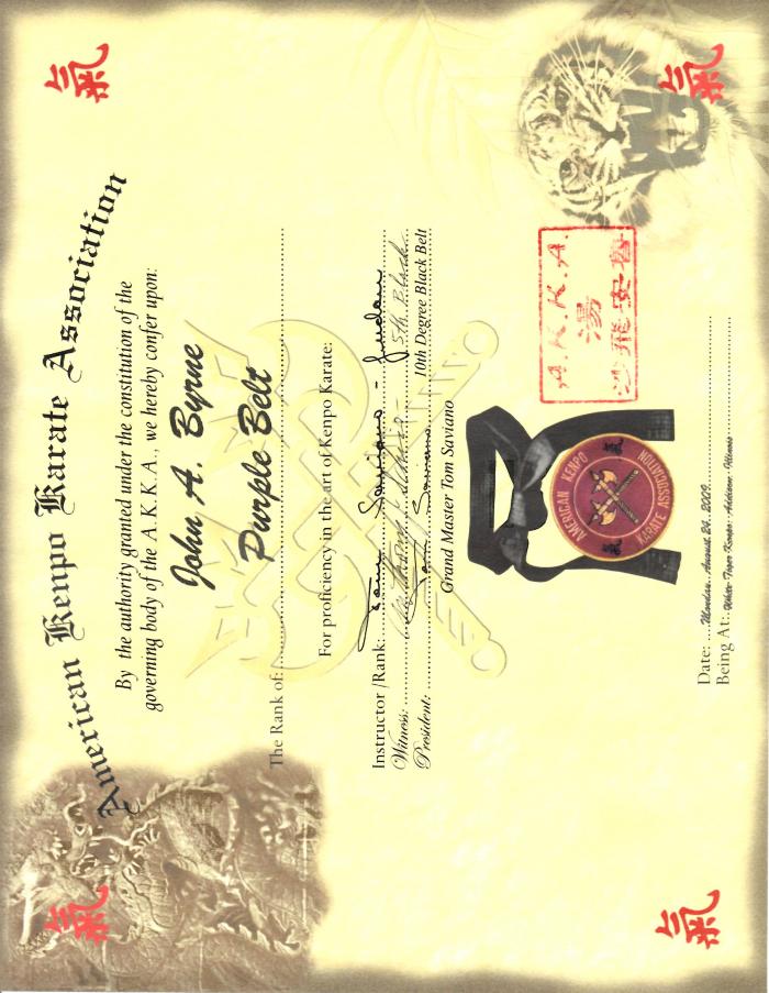 Purple belt · August 24, 2009 · Promoted by Tom Saviano