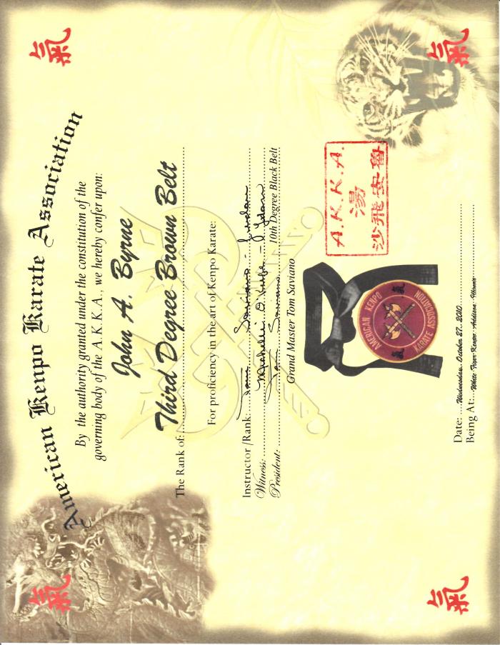 Brown belt 3rd degree · October 27, 2010 · Promoted by Tom Saviano