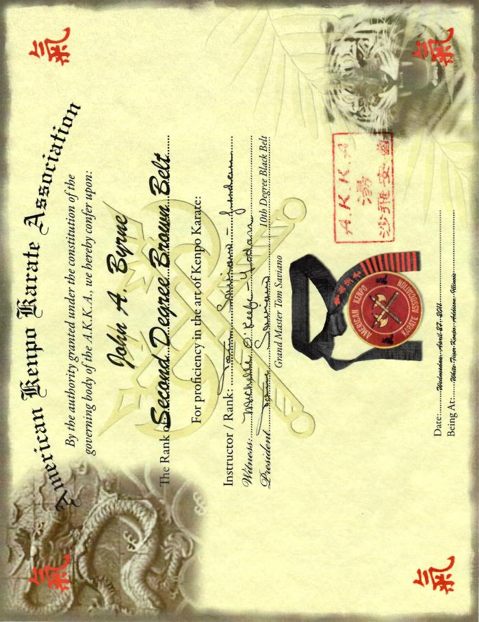 Brown belt 2nd degree · April 27, 2011 · Promoted by Tom Saviano
