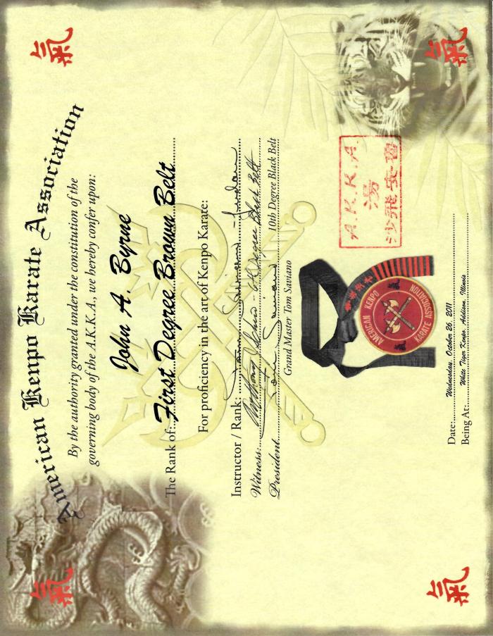 Brown belt 1st degree · October 26, 2011 · Promoted by Tom Saviano