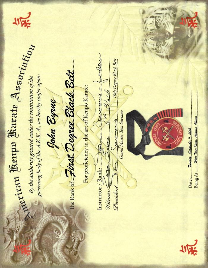 Black belt 1st degree · September 11, 2012 · Promoted by Tom Saviano