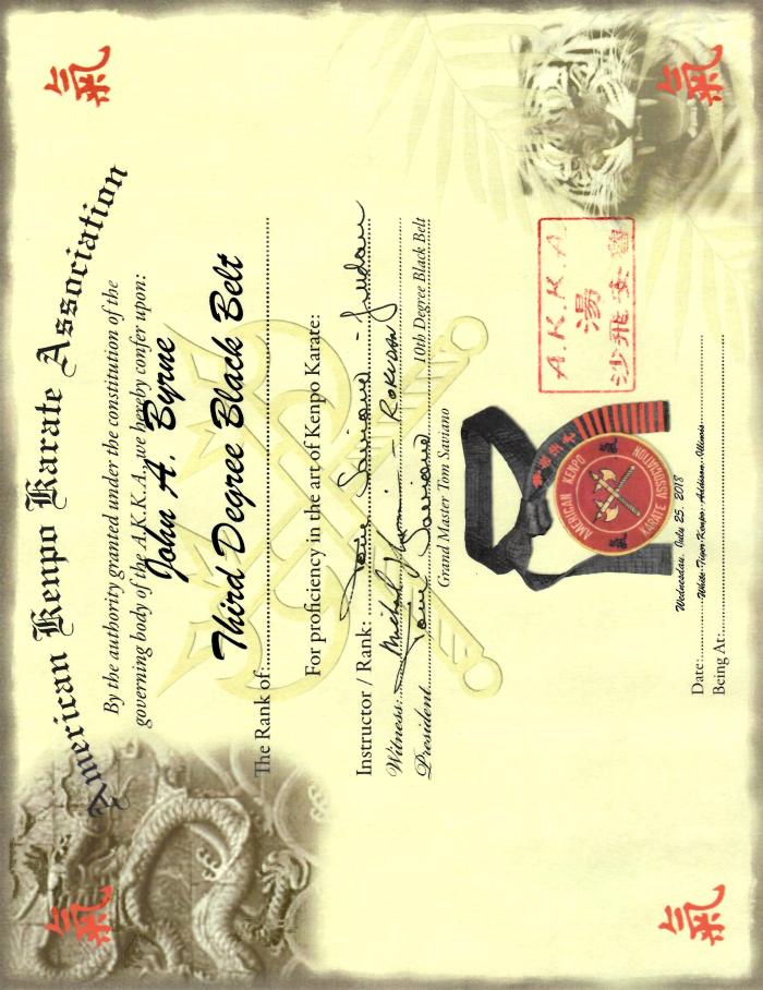 Black belt 3rd degree · July 25, 2018 · Promoted by Tom Saviano & Mike Nevins