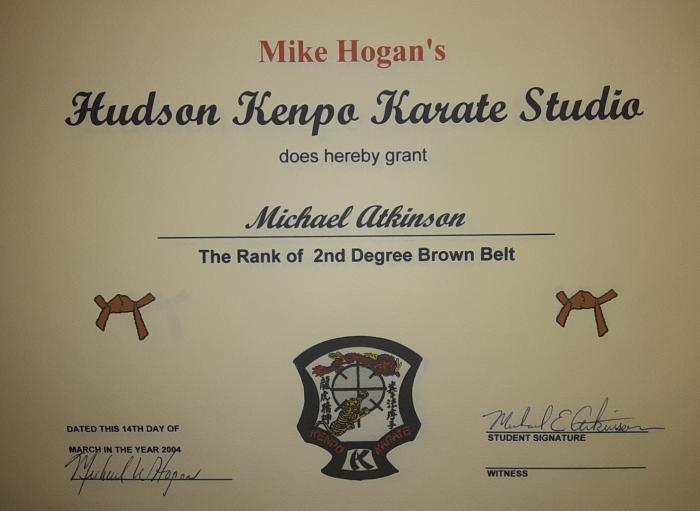 Brown belt 2nd degree · March 14, 2004 · Promoted by Mike Hogan