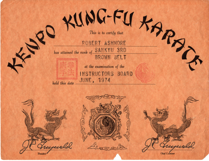 Brown belt 3rd degree · June 1, 1974 · Promoted by Jim Grunwald 1974 & Dennis Harris November 16, 1991