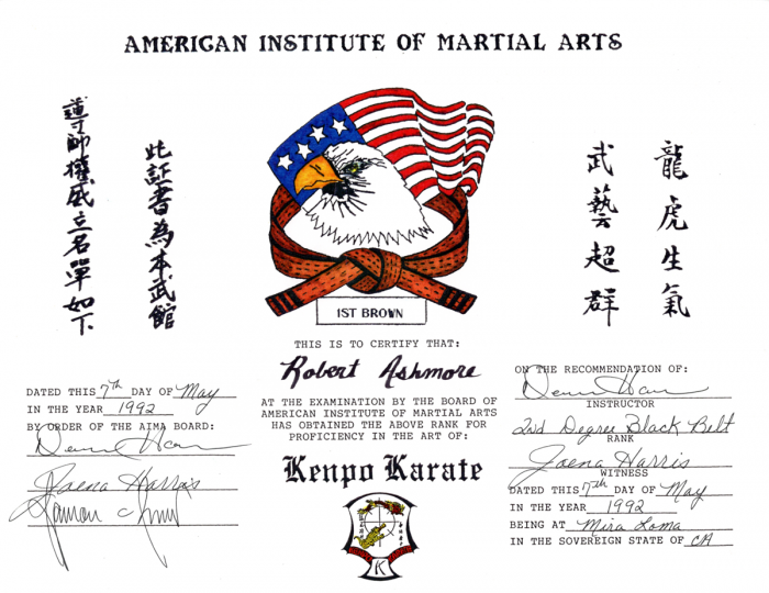 Brown belt 1st degree · May 7, 1992 · Promoted by Dennis Harris