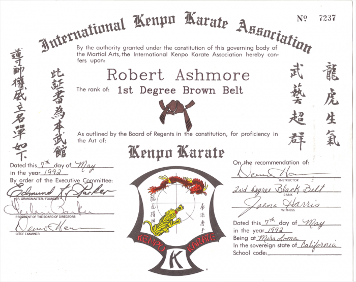 Brown belt 1st degree · May 7, 1992 · Promoted by Dennis Harris