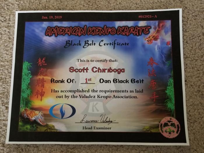 Valadez Kenpo Association 1st Dan Black Belt Rank Certificate