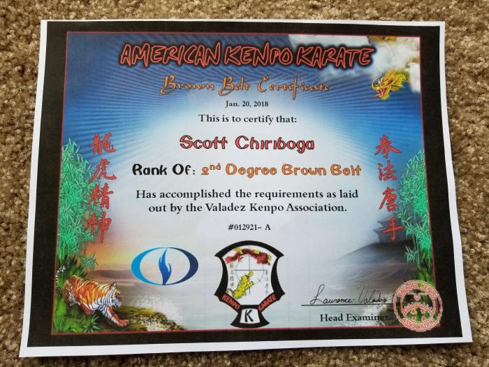 Brown belt 2nd degree · January 20, 2018 · Promoted by Lawrence Valadez