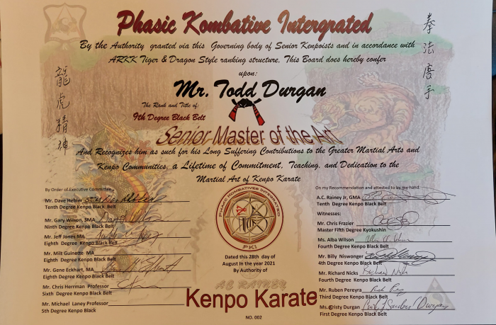 Black belt 9th degree · August 28, 2021 · Promoted by SMA AC Rainey & SGM Dave Hebler