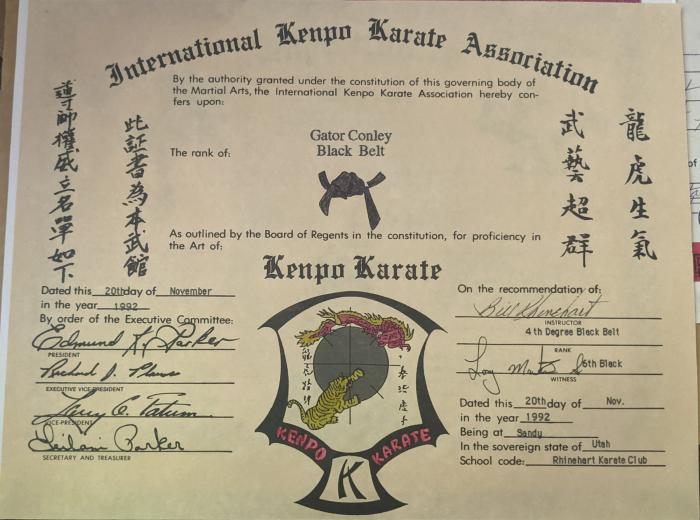 Black belt 1st degree · February 9, 1995 · Promoted by Bill Rhinehart, Tommy Rhinehart, Tony Martinez Sr.