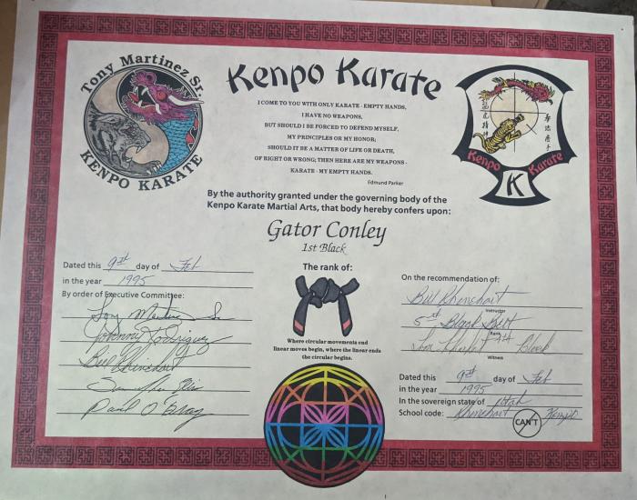 Black belt 1st degree · February 9, 1995 · Promoted by Bill Rhinehart, Tommy Rhinehart, Tony Martinez Sr.