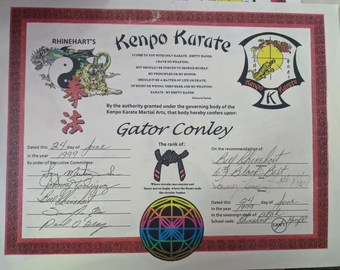 Black belt 2nd degree · June 24, 1999 · Promoted by Tony Martinez Sr., Bill Rhinehart