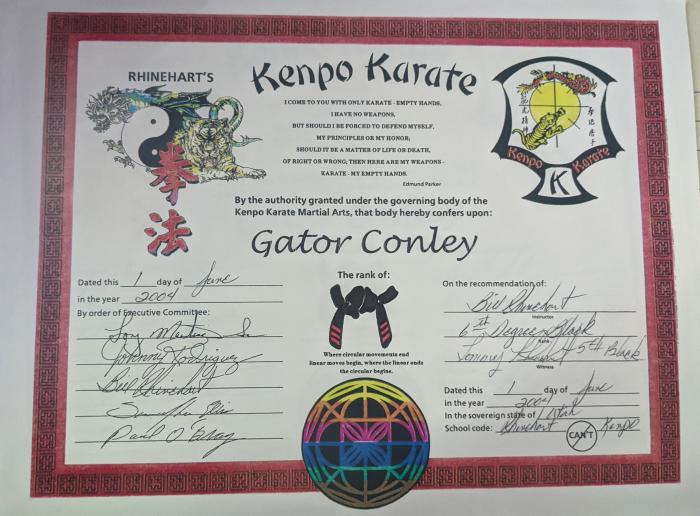 Black belt 3rd degree · June 1, 2004 · Promoted by Bill Rhinehart, Tommy Rhinehart