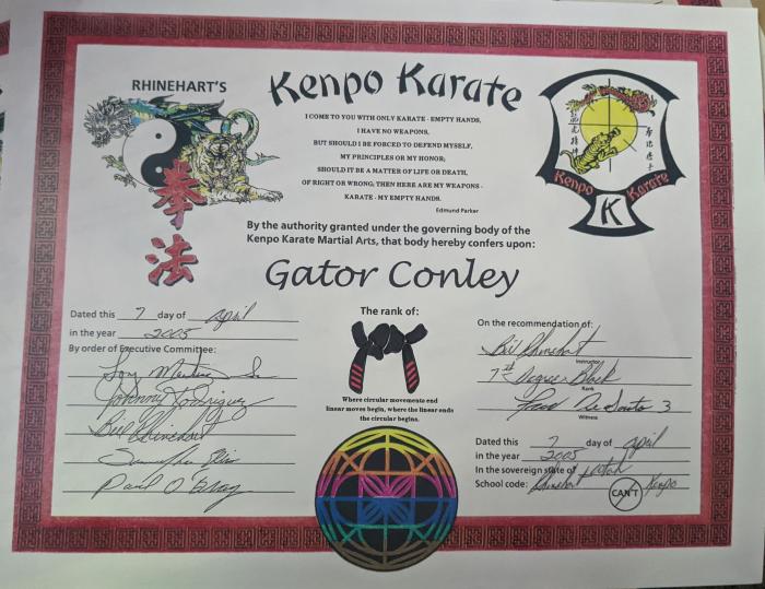 Black belt 4th degree · April 7, 2005 · Promoted by Bill Rhinehart, Fred DeSanto