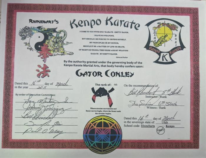 Black belt 6th degree · March 16, 2011 · Promoted by Bill Rhinehart, Shea Enniss