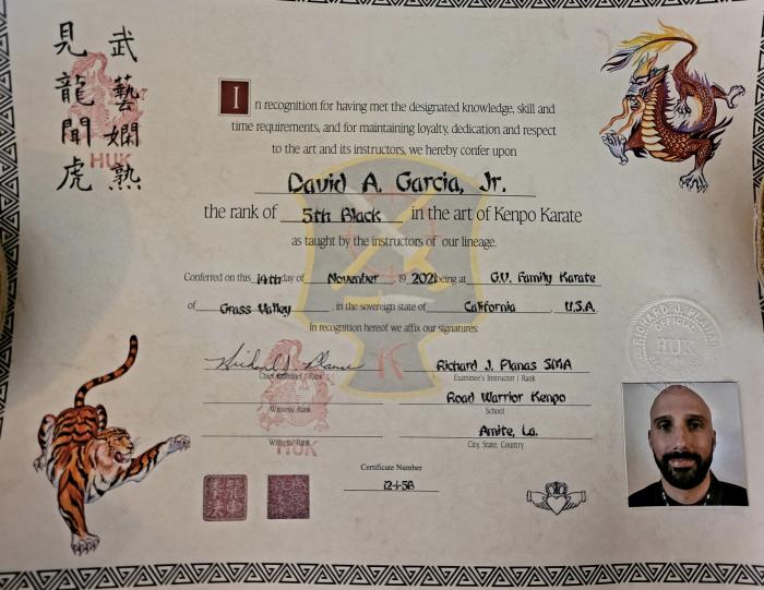 Black belt 5th degree · November 14, 2021 · Promoted by Richard "Huk" Planas
