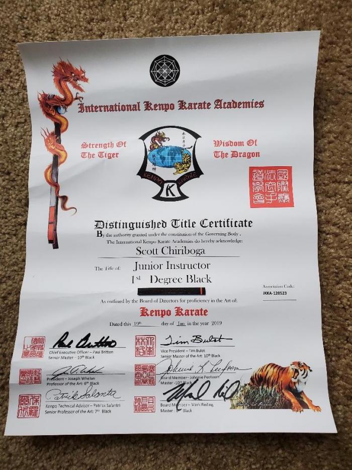 International Kenpo Karate Academies Black Belt 1st Degree Junior Instructor Distinguished Title Rank Certificate