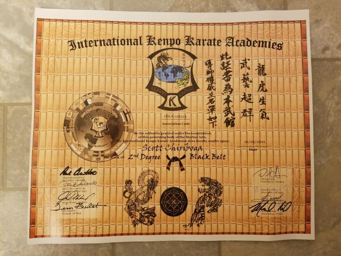 International Kenpo Karate Academies Black Belt 2nd Degree Rank Certificate