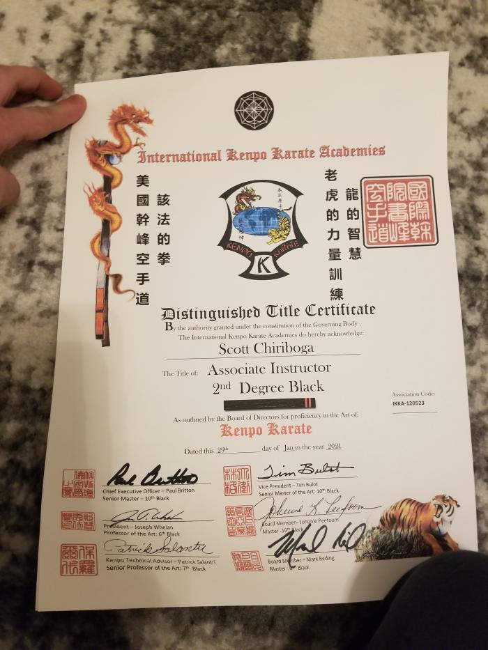 International Kenpo Karate Academies Black Belt 2nd Degree Associate Instructor Distinguished Title Rank Certificate