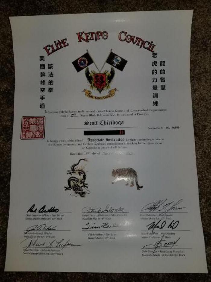 International Kenpo Karate Academies Black Belt 2nd Degree Associate Instructor Elite Kenpo Council Rank Certificate