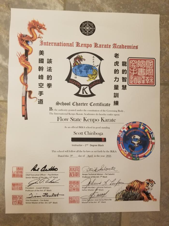 International Kenpo Karate Academies Black Belt 2nd Degree Instructor School Charter Certificate