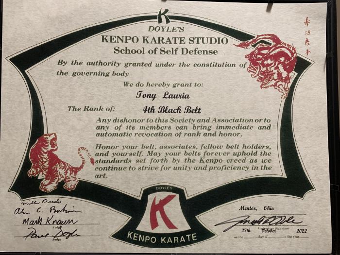 Black belt 4th degree · October 27, 2022 · Promoted by Joe Doyle