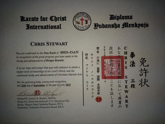 Black belt 3rd degree · September 25, 2010 · Promoted by Karate for Christ International