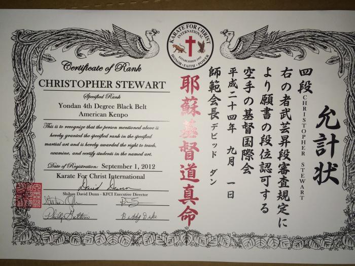 Black belt 4th degree · September 1, 2012 · Promoted by Karate for Christ International and Kempo International